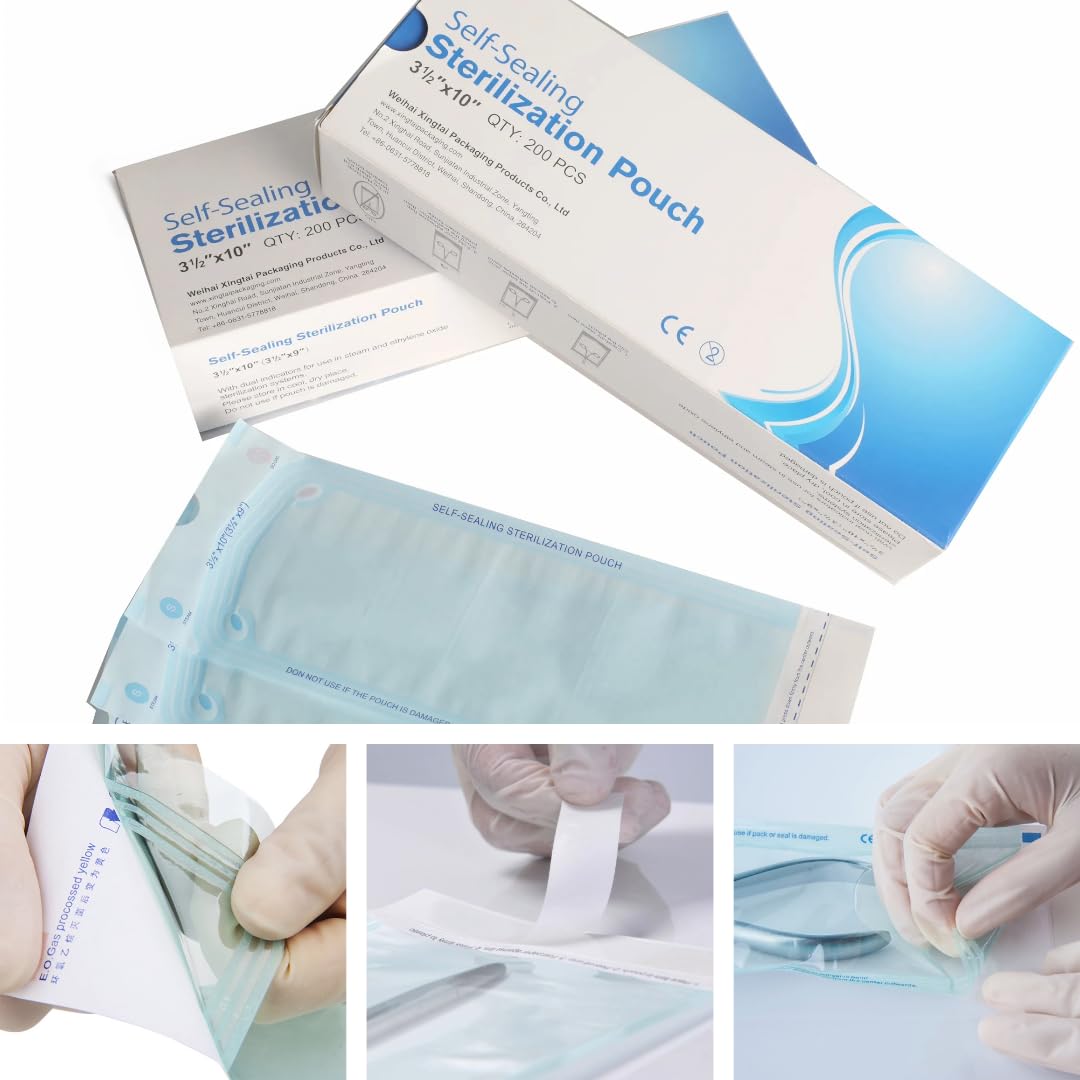 Disposable Self Seal Sterilization Pouch 3.5" x 10", 200 per Box, Disposable Medical Device Sterilization Pouches (3 1/2'' x 10'', 200pcs)