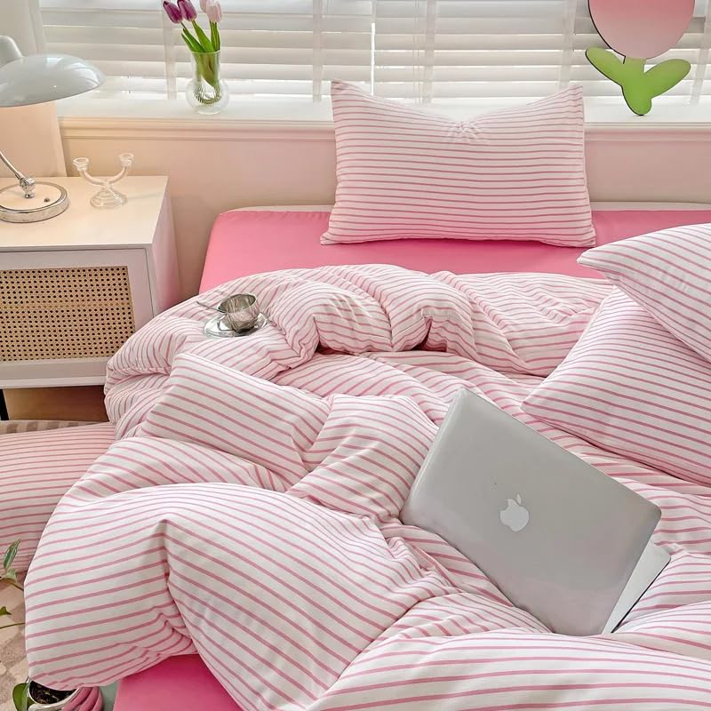 Parure de lit 240x220 en microfibre rose à rayures réversible