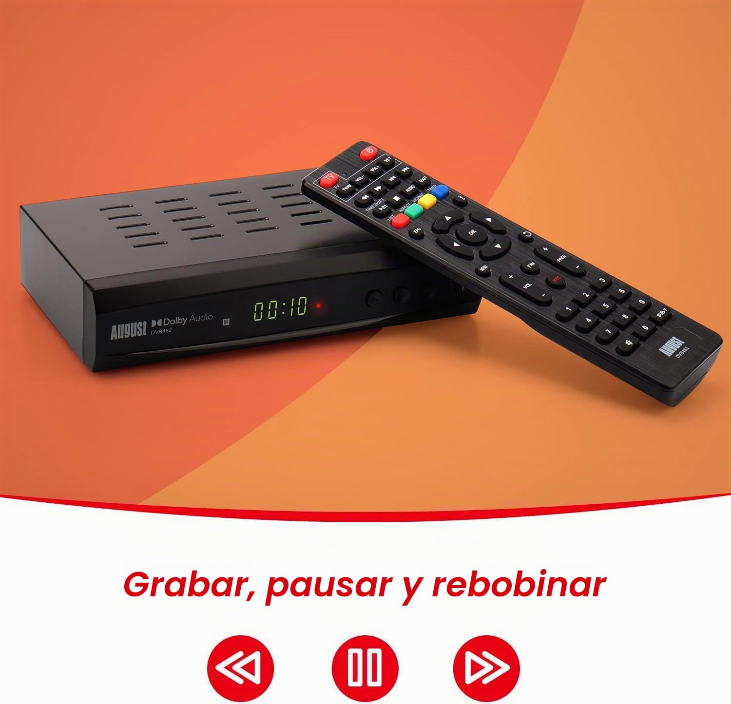 August DVB482 Decodificador TDT HD, Mira y Graba DVB-T DVB-T2 TV en Vivo Desde 2 Canales al Mismo Tiempo, Guía de Programas y TimeShift, Receptor TDT HD HDMI para TV- Reproductor Multimedia