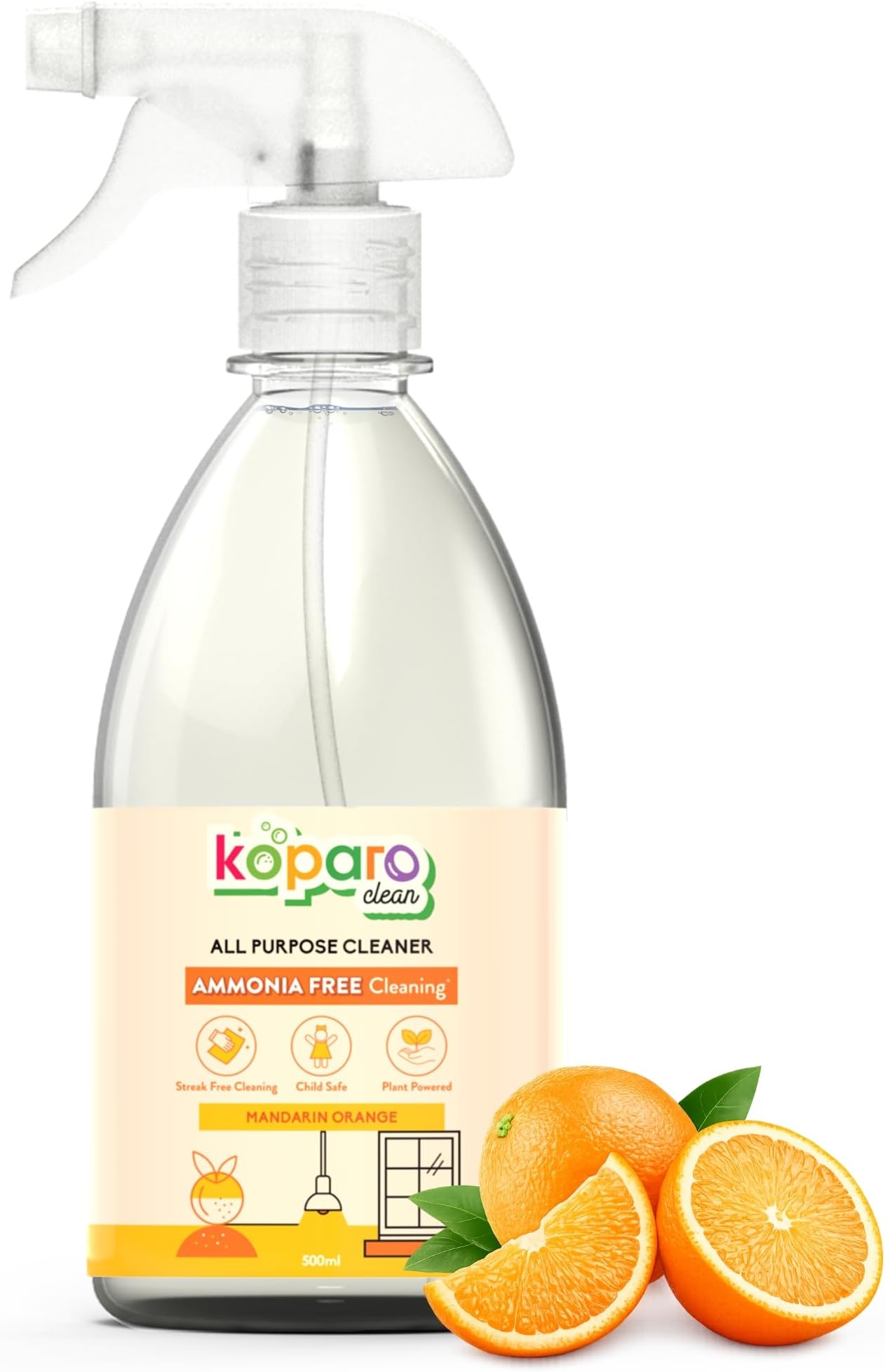 Koparo KOPRAAN Clean All Purpose Cleaner with Natural Citric Acid - Works for Glass, Bathroom, Kitchen - Mandarin Orange Fragrance - Child friendly - 500 ml, transparent, pack of 1