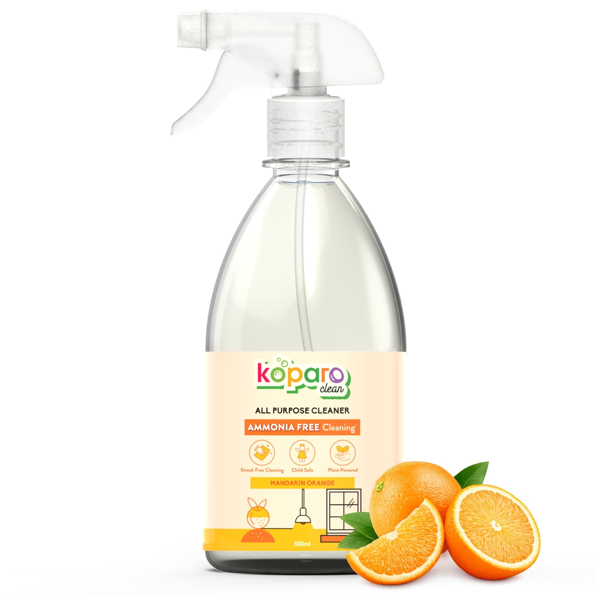 Koparo Clean All Purpose Natural Cleaner Liquid Spray For Bathroom, Kitchen And Glass With Refreshing Aroma Of Mandarin Orange | Child & Pet Safe, Eco- Friendly, Plant Based | 500 ml - Pack of 1