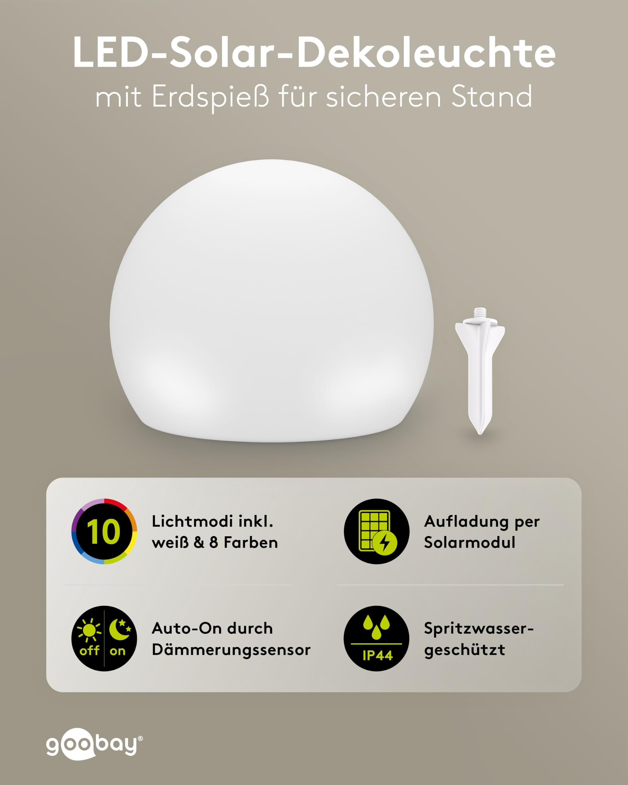 goobay Zestaw 2 x solarnych kulek LED 20 cm - RGB do użytku na zewnątrz, odporna na warunki atmosferyczne, dekoracyjna lampa solarna na taras, balkon, do ogrodu, 10 trybów oświetlenia i szpikulec