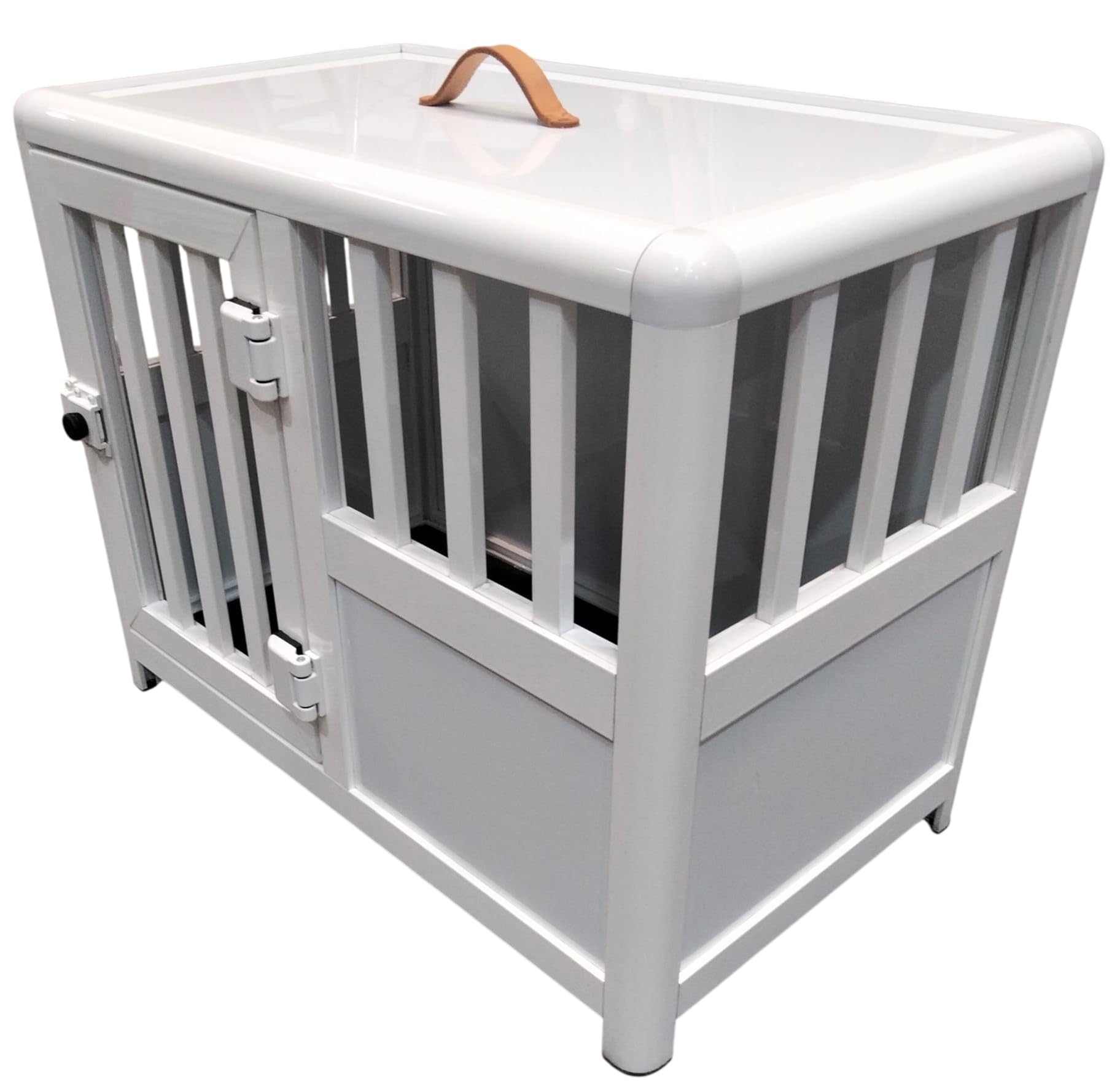 Transportín de Aluminio para Perros medianos, Color Blanco, con Puerta y Asa de Cuero, Jaula Resistente para Mascotas