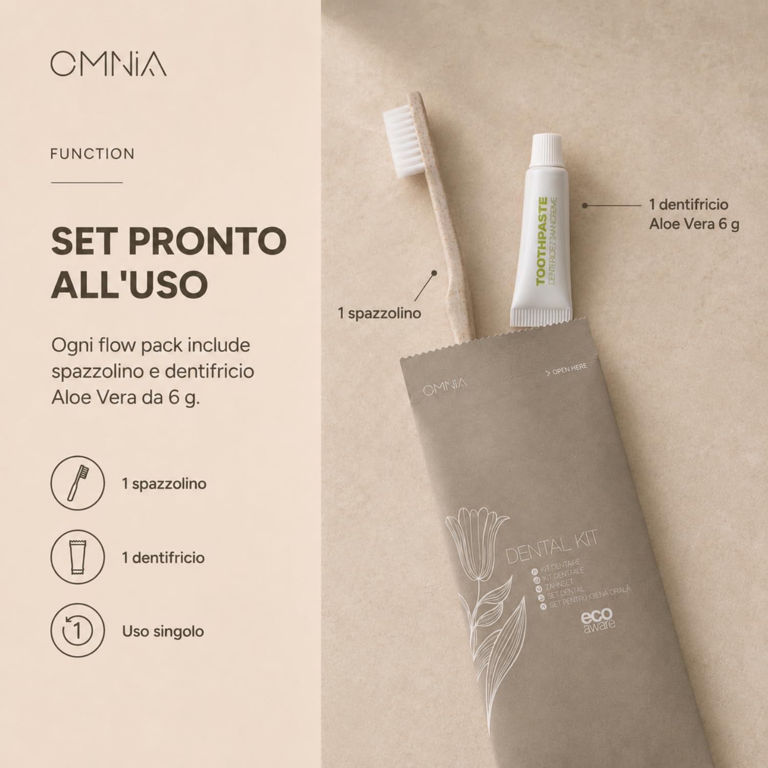 Kit igiene orale 50pz linea cortesia omnia per hotel e b&b, Set con spazzolino da denti e dentifricio Aloe Vera 6 g