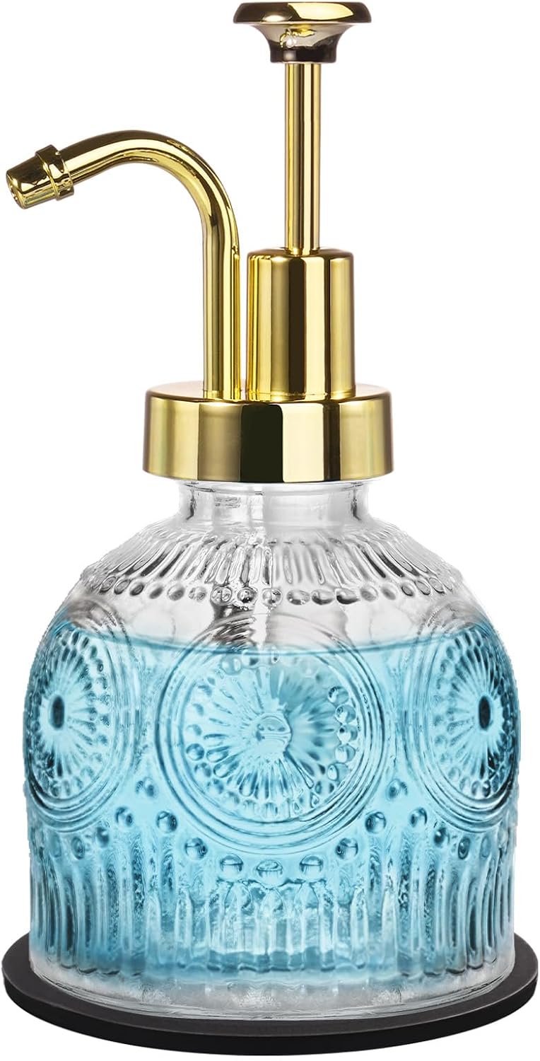 SheeChung 8 Oz Vintage Glass Soap Dispenser Bathroom, Kitchen Dish Soap Dispenser with Pump, Refillable Hand Soap Dispenser, Antique Liquid Lotion Bottle, Farmhouse Decor (Clear-Gold Pump, 1 Pack)