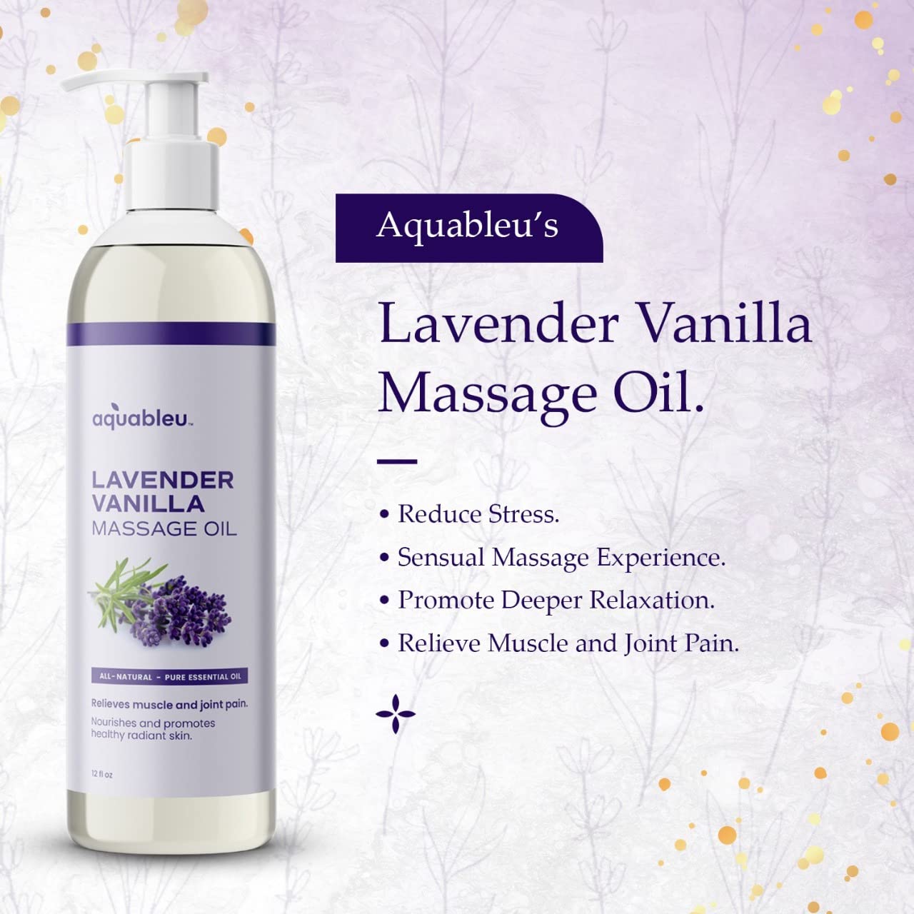 Aquableu Lavender Vanilla Massage Oil 100% Pure & All-Natural - Natural at-Home Massage Therapy, Soothes Skin & Muscles - Full Body Massage Oil – Sensual and Relaxing – for Men and Women 12 fl oz : Health & Household