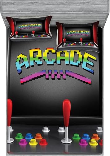 Miniatura 99 de Ambesonne Juego de sábanas bajeras y fundas de almohada, diseño retro de los videojuegos con botones de joystick vintage de los años 80 y 90, diseño