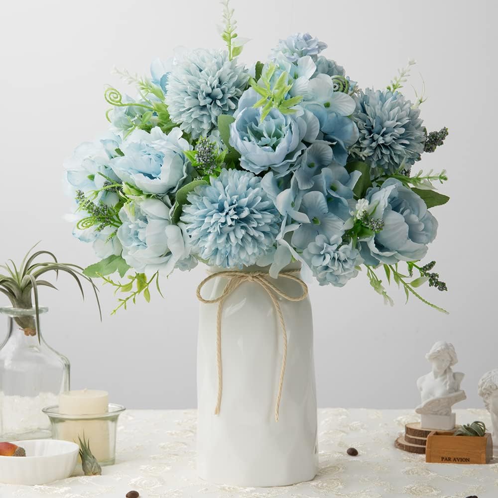 LESING Artificial Peony with Vase Silk Flowers Bouquets Fake Hydrangea Bulks for Home Table Centerpieces Wedding Decoration(Pink-1)
