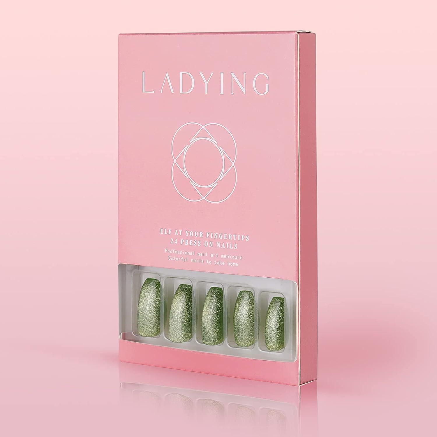 LADYING Cat Eye Medium Length Press on Nails with Design Bling Glue on Nails for Women Stick on Nails Glossy Acrylic False Nail Art Salon Supplies Oval Fake Tips 24PCS Green Press ons