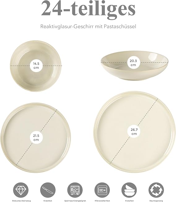 GBHOME Dinner Set for 6, 24 Piece Stoneware Set - Round Reactive Glaze Plates & Bowls, Highly Chip and Crack Resistant | Dishwasher and Microwave Safe Crockery Set