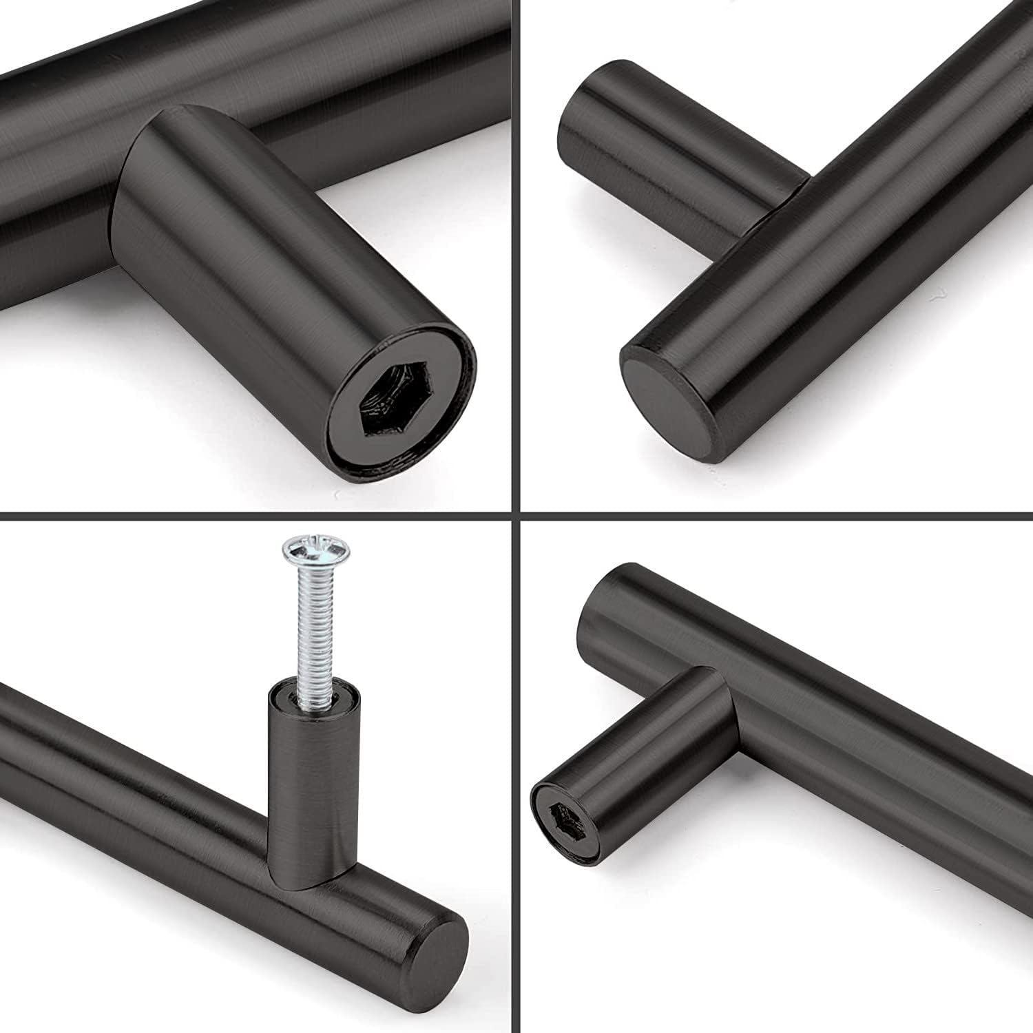 ANGSTROM 50-Pack Round Bar Cabinet Pulls, Euro-Style T-Bar Handle 6.3" CC, Matte Black (8.7" Length)