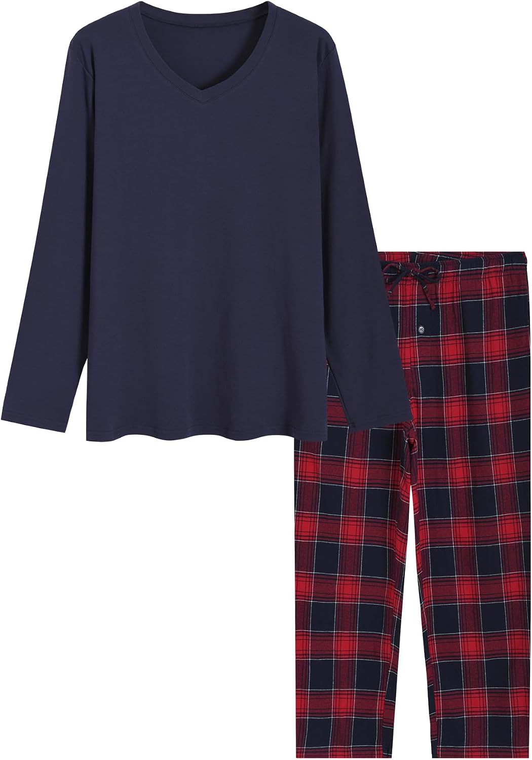 Latuza Men's Long Sleeve V-Neck Jersey Shirt Flannel Pants Pajama Lounge Set