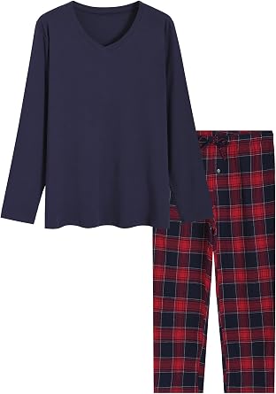 Latuza Mens Long Sleeve V-Neck Jersey Shirt Flannel Pants Pajama Lounge Set