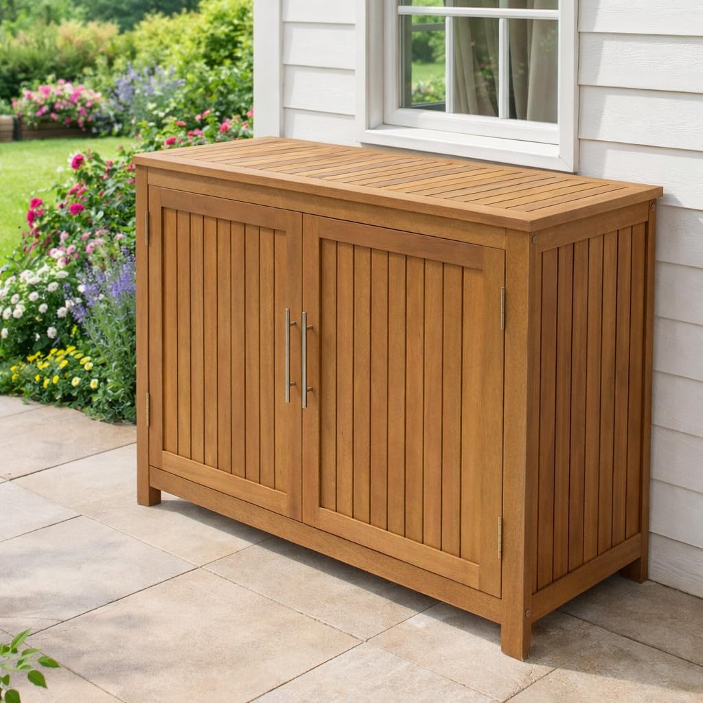 DEGAMO Holz Gartenschrank Cabinet 120x50cm mit Zwei Ebenen, Eukayltpus