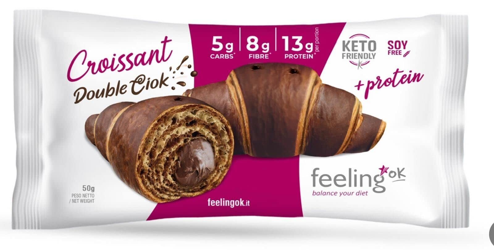 FEELING OK - Croissant Double Cioc - Croissant Doppio Cioccolato Proteico con Riepieno - 50 gr x 30 Croissant