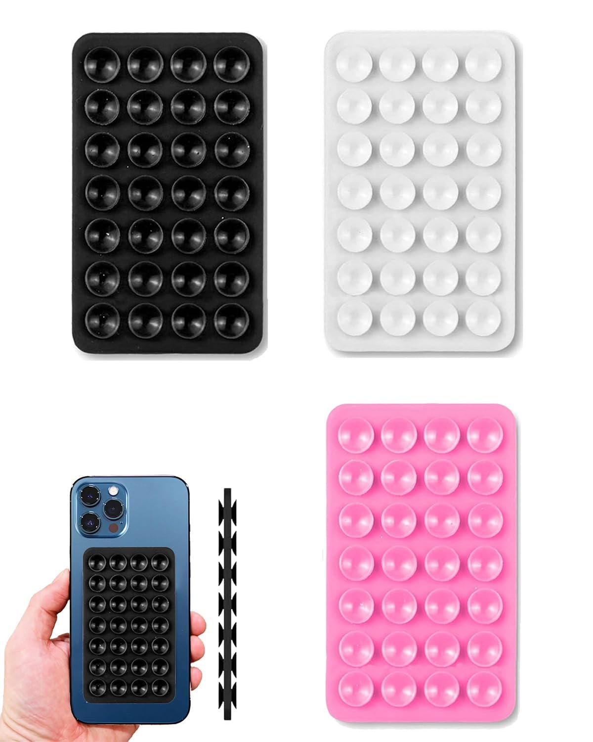 3 Pcs Silicone Suction Phone Case (Reusable),Suction Phone Case,Content Creator Essentials,Hands-Free Mobile Accessory Holder Grip,For Mobile Phones, Hard Disk, Power Bank (Black, White, Pink)