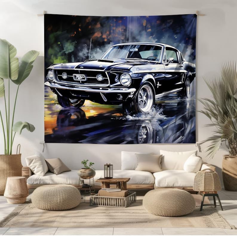 Tapiz clásico retro para pared de auto musculoso  Arte de coche negro vintage, para colgar en la pared de vehículo deportivo, arte de pared de coche