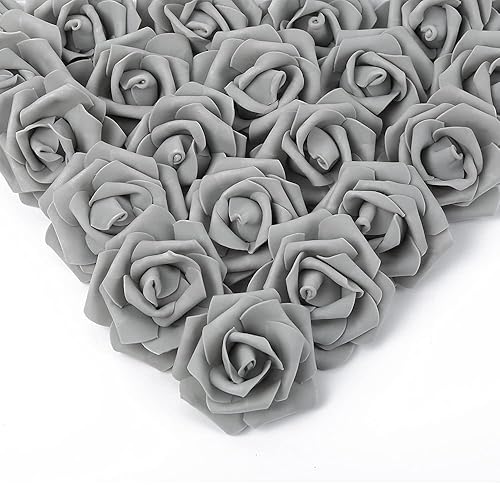 IPOPU Artificial Rose Flower Heads, 100 Pcs Real Looking Silver Gray Foam Fake Roses for DIY Wedding Baby Shower Centerpieces Arrangements Party Tables Home Decorations (Silver Gray, Stemless) - 100pcs Silver Gray