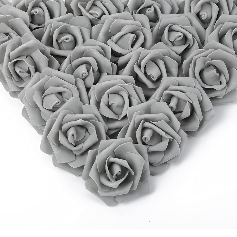 IPOPU Artificial Rose Flower Heads, 100 Pcs Real Looking Silver Gray Foam Fake Roses for DIY Wedding Baby Shower Centerpieces Arrangements Party Tables Home Decorations (Silver Gray, Stemless)