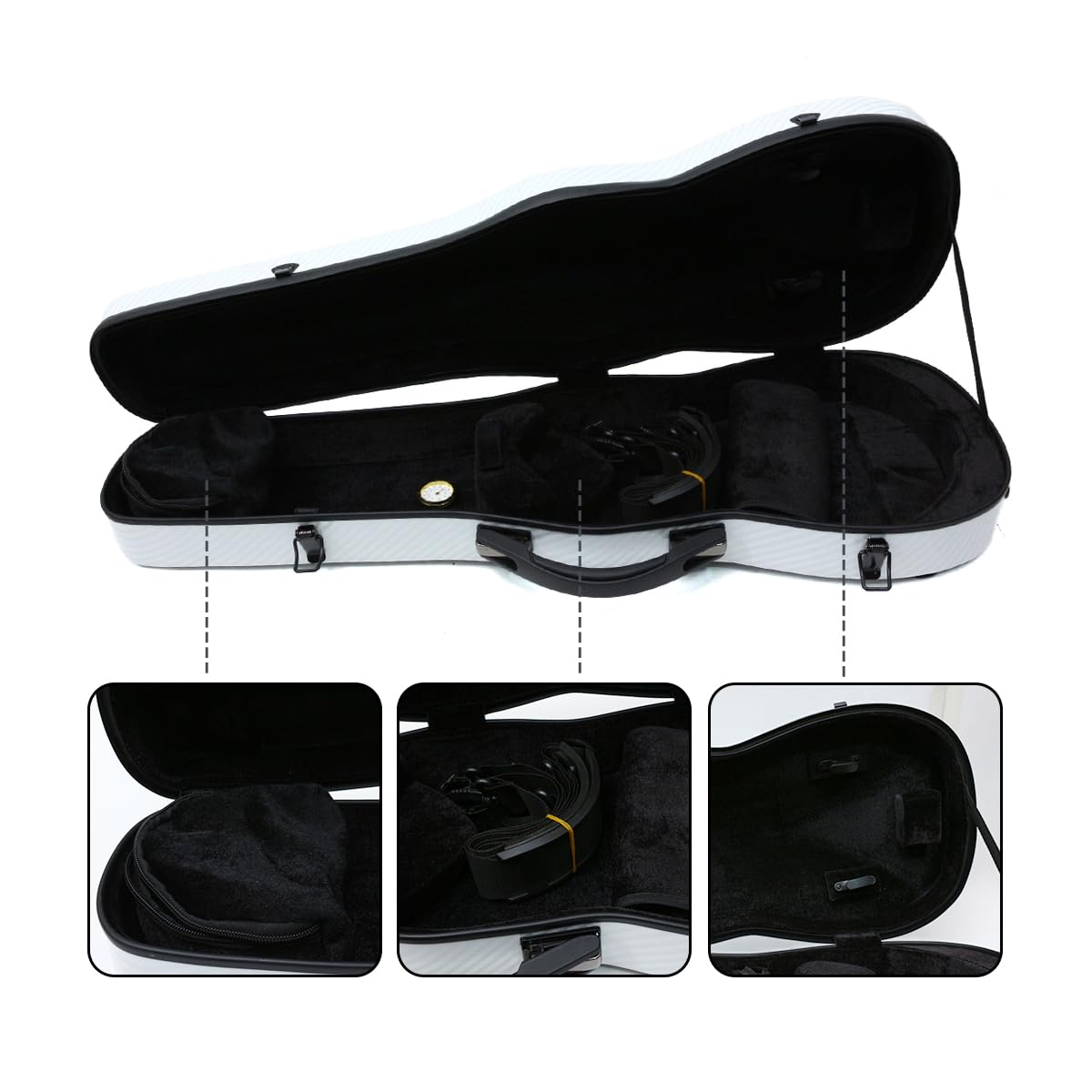 Custodia rigida per violino 4/4, in materiale composito di carbonio, con cinghie staccabili, struttura ultraleggera, protezione, impermeabile e durevole (bianco)