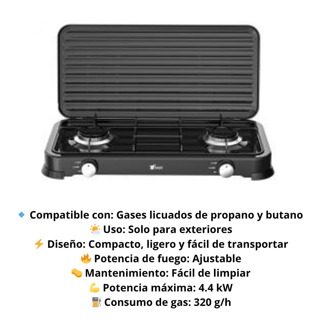 Cocina de Gas Portátil 2 Fuegos con Parrilla y Tapa Extraíble – Compatible con Butano y Propano – Ideal para Camping, Caravana y Exterior – Compacta, Segura y Fácil de Limpiar