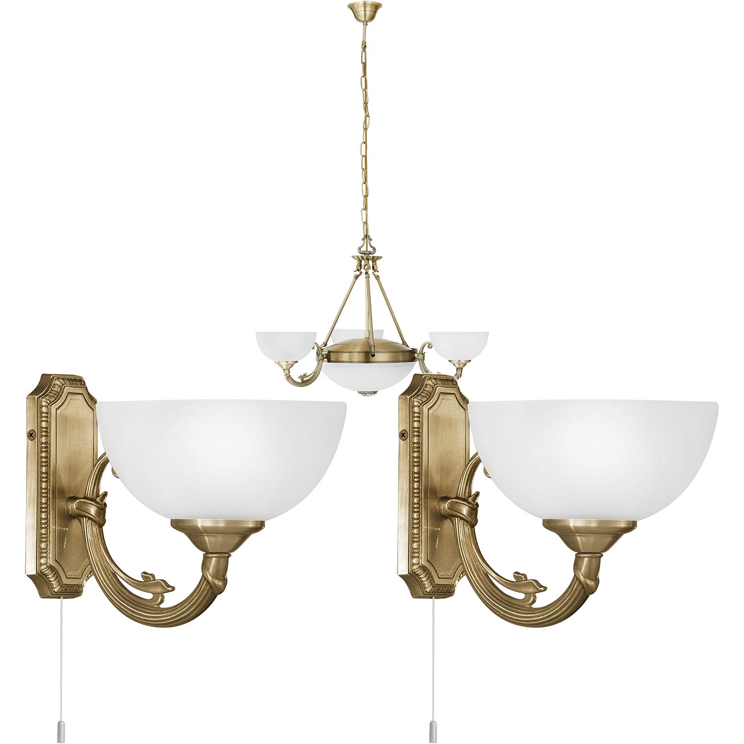 Ceiling Pendant Light & 2X Matching Wall Lights -Bronze & Satin Glass Chandelier - Hanging Drop Adjustable Height Lamp Living Room Set Kit