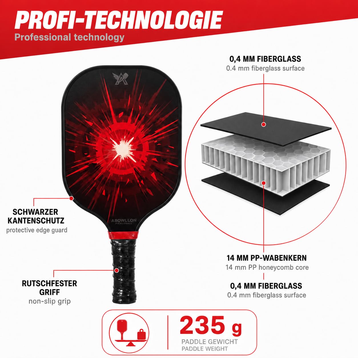 Blaze Pickleball Set - 2 raquettes de pickleball + 4 balles USAPA + sac - Pagaie en fibre de verre - Kit complet pour débutants et confirmés (rouge/noir)