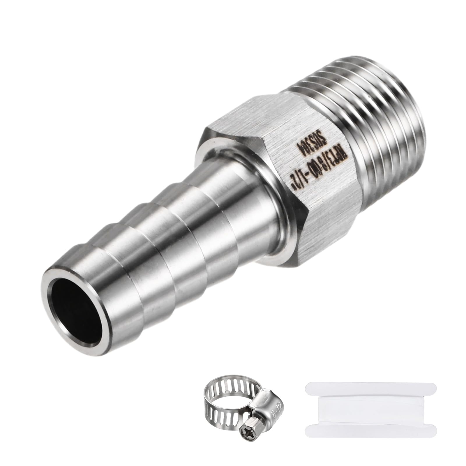M METERXITY 1-Pack Garden Hose Adapter, 304 Stainless Steel 1/2" Barb x 3/8" NPT Male Threaded Connector with Sealing Tape & Clamp Garden Hose Convert Fitting for Pipe
