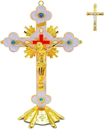 Miniatura 1 de Cruz de mesa de altar de Jesús, decoración de pared de crucifijo religioso con soporte, adorno cristiano de metal montado en la pared para oración,