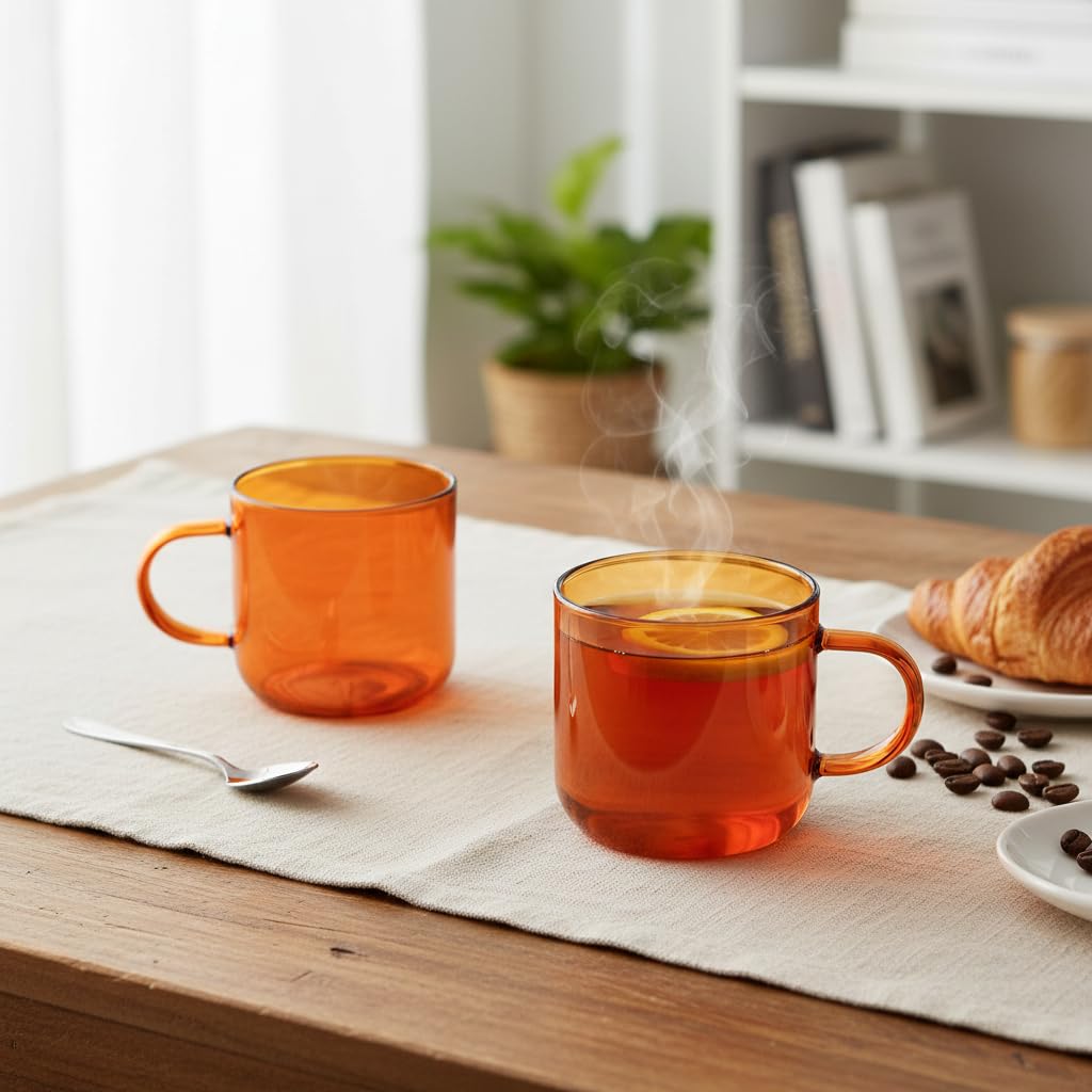 Deconox 2'li Borosilikat Cam Kupa Seti - 380 ml Isıya Dayanıklı Renkli Kahve ve Çay Bardağı - Kurşunsuz Ekolojik (2 Adet) Amber (Bal Rengi) ve Füme Renk Seçenekleri (Amber (Bal Rengi) - 2 ADET)