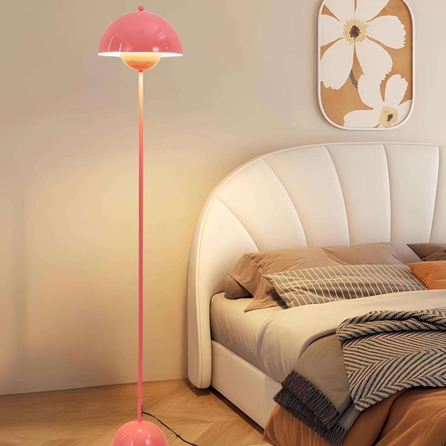 Alpinaluz SHAROM lampa stojąca w kolorze różowej stali, klasyczny styl skandynawski, paraboliczny klosz, idealna do salonu i jadalni, oprawka E27