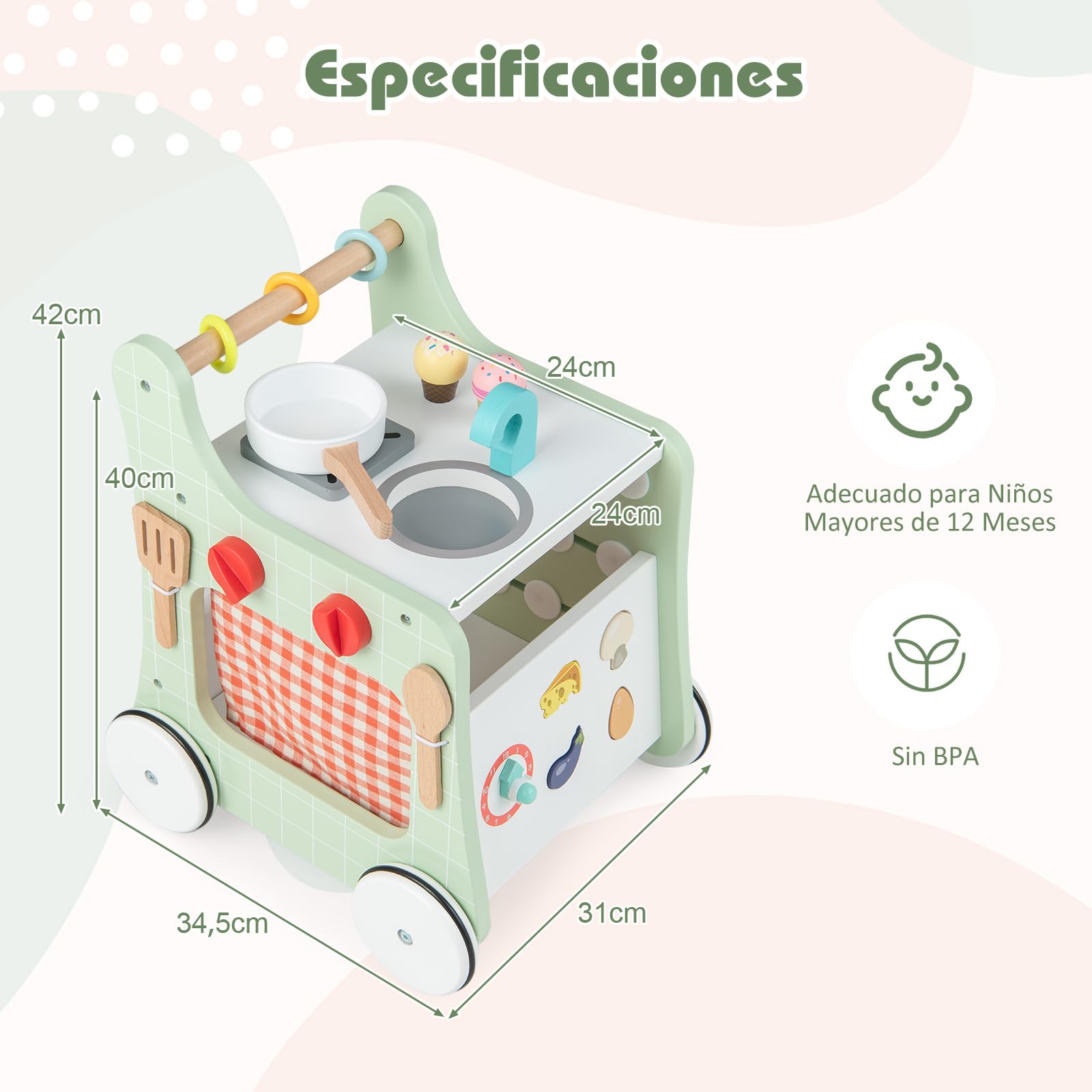 COSTWAY Andador Bebes de Madera 6 en 1, Carrito de Madera para Bebés, Centro de Actividades de Aprendizaje para Empujar y Jalar para Bebés con Cocina, Reloj, para Bebés de 12+ Meses (Verde)