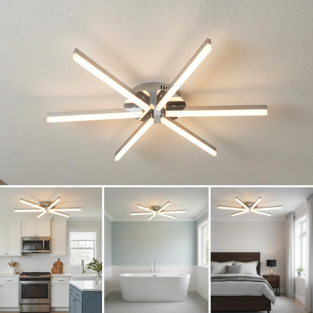 Trango 6 Flammen Sternförmig modern Design LED-Deckenleuchte 3154 Serie *STRAIGHT* 3-Stufen dimmbar I Leuchtarmen schwenkbar I Deckenstrahler 6x 5 Watt LED Modul 3000K warm-weiß Nickel matt & Chrom