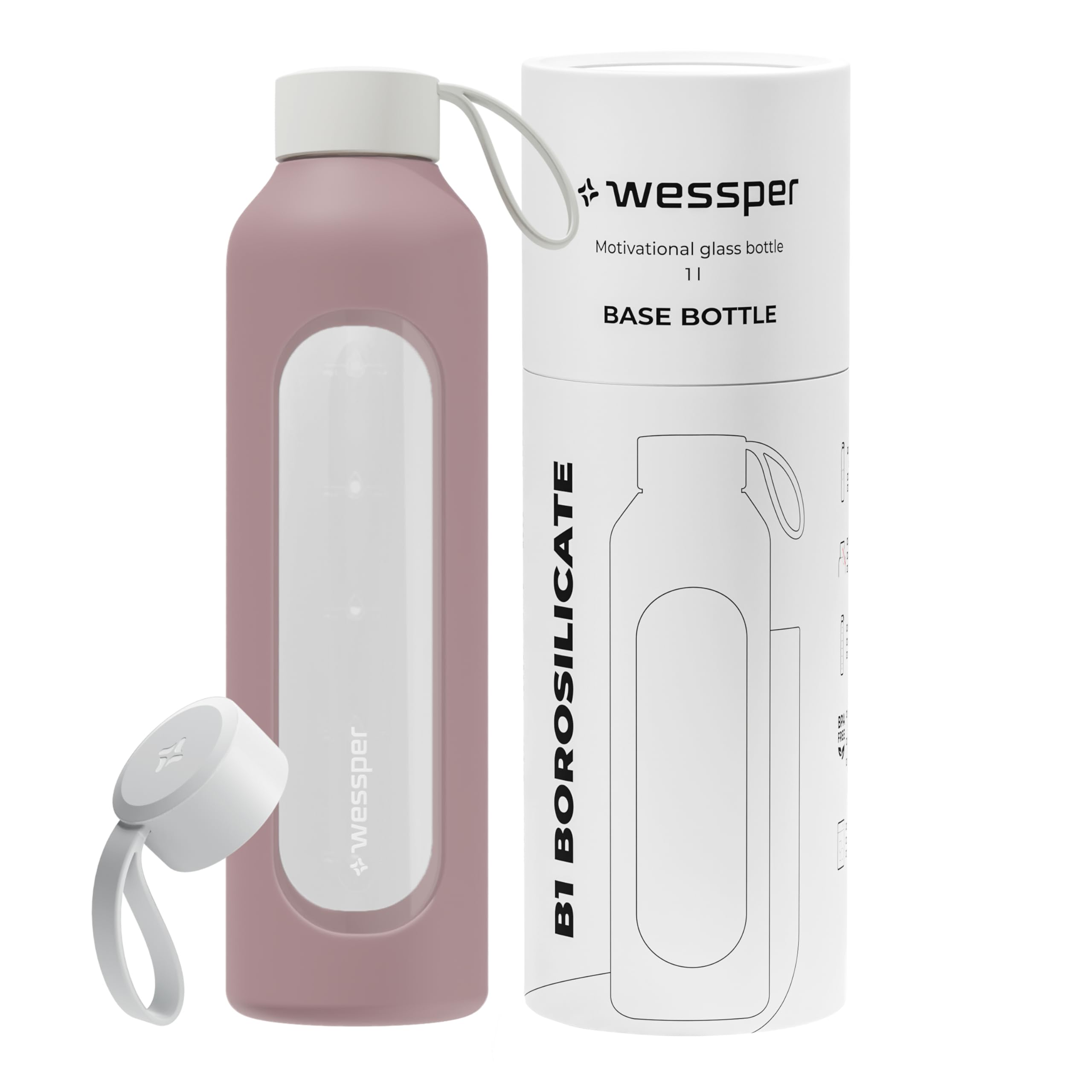 Wessper Bouteille a eau 1 Litre, Bouteille de Motivation avec échelle D'hydratation, Gourde pour eau en Verre Borosilicaté avec étui en Silicone, Matériau Sans BPA - Rose Sale