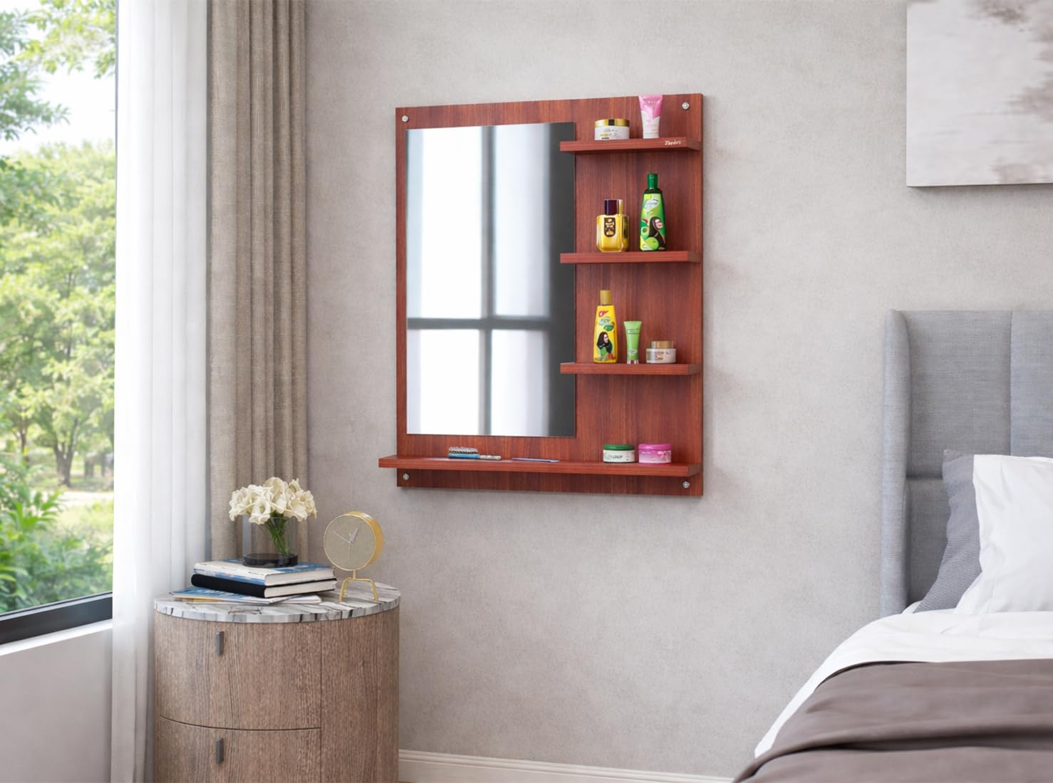 Wall Mounted Dressing Table with Mirror, Wenge Brown, Engineered Wood, 80x60x10 cm, 4 Storage Shelves, Modern Style-picture-11