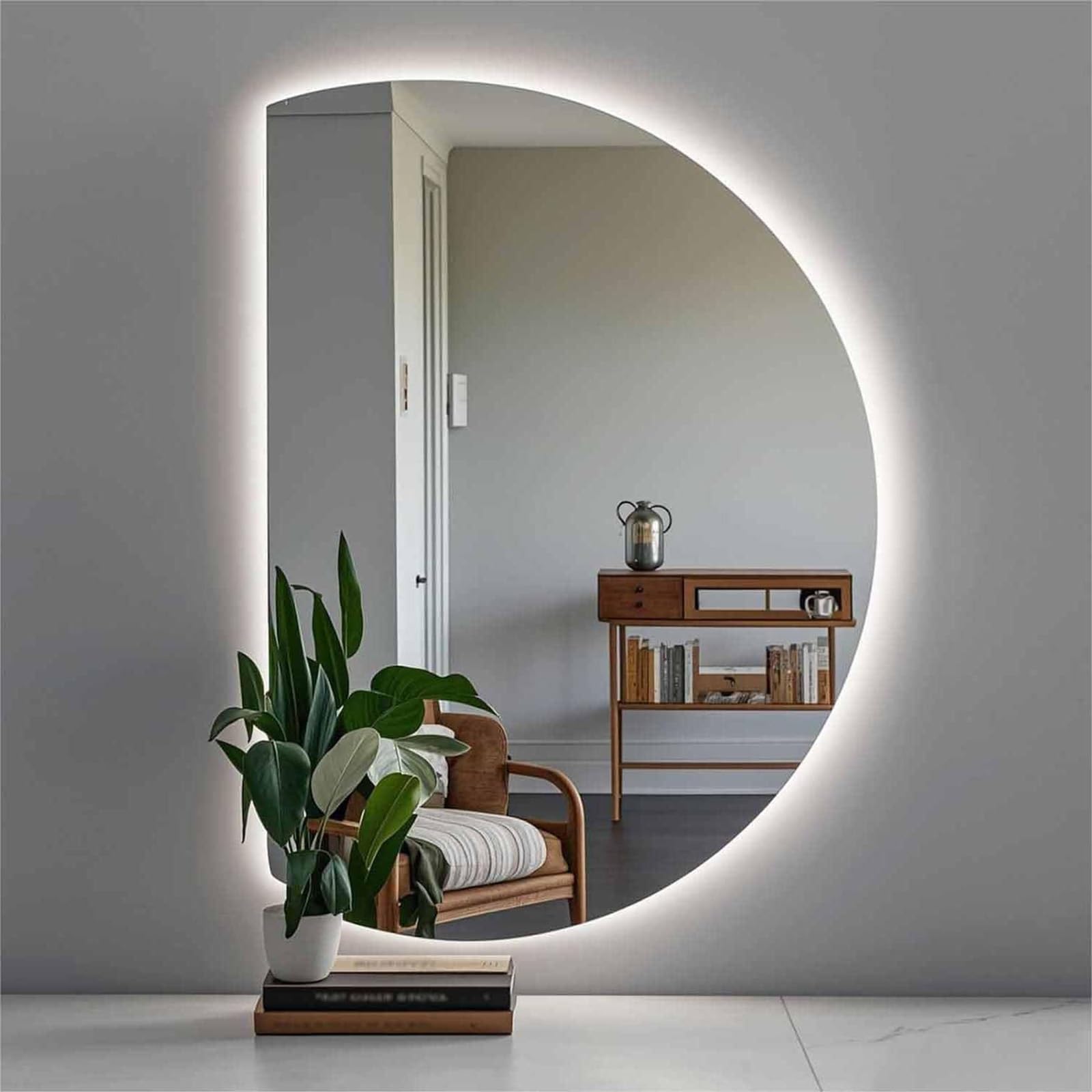 SXFSDOU Fogless Wall Mounted Semicircle Vanity Mirror 51/43inch Smart 3 Colors Backlit Dimmable Bathroom with Touch Switch for Home Decor(Left Cut,110x70cm/43x28)