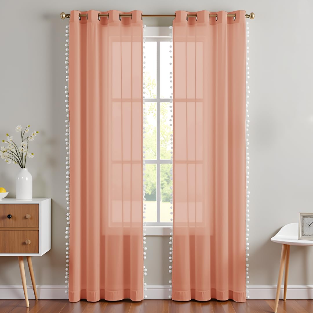 HOMEMONDE Sheer Curtains Customize Pack of 2 - Both Sides White Pompom Curtain, Transparent and Light Filtering, Hang with Eyelet - (Peach)-image-36