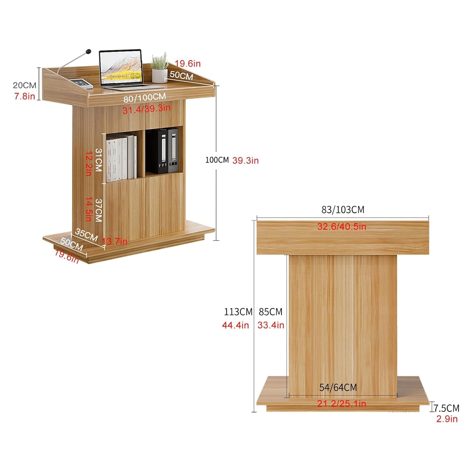 Podio de madera maciza con 2 cajones espaciosos y armario debajo del mostrador, atril de pie para presentaciones, discursos y eventos, diseño duradero y elegante