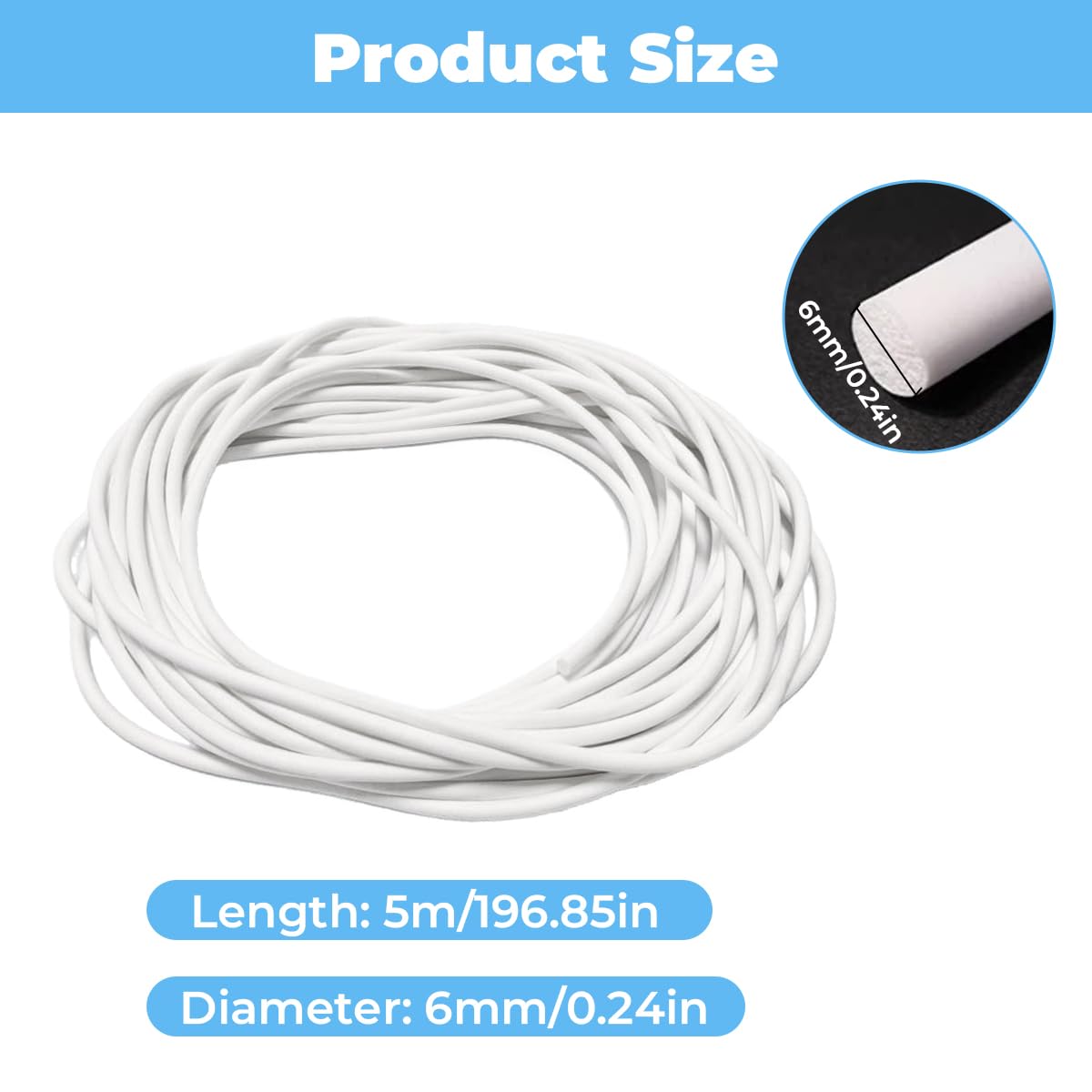 5 Metri Guarnizione per Filo Rotondo Ø 6 mm, Cavo di Tenuta per Fughe, Nastro Tenuta Schiuma Silicone, Profilo di Riempimento, Guarnizione in Schiuma, per Porte Finestre Pareti (Bianco)
