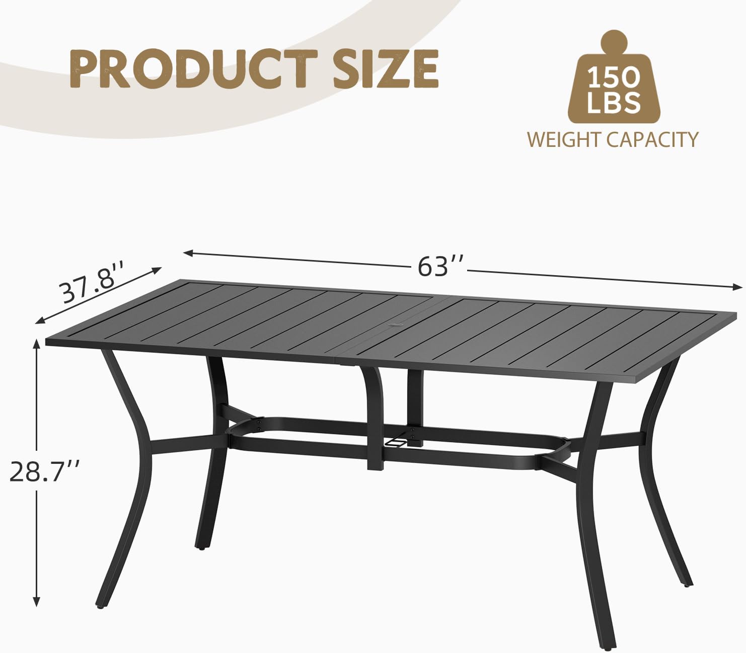 MELLCOM 63''x38'' Outdoor Dining Table for 6, E-Coating Metal Patio Dining Table with 1.57'' Umbrella Hole, All-Weather Black Rectangular Table for Porch, Garden, Backyard, Poolside, Lawn