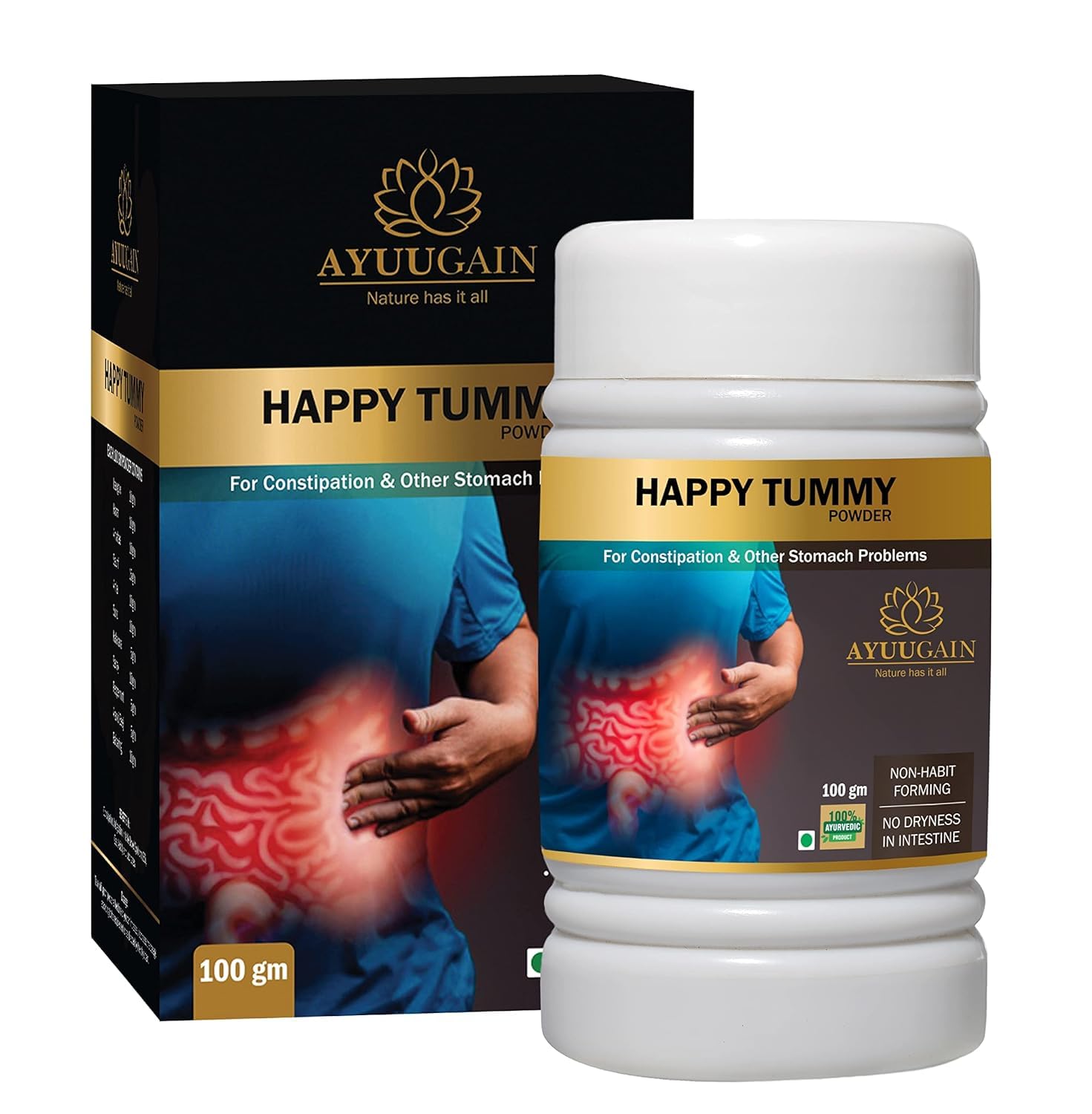 Ayuugain Happy Tummy Powder For Constipation, Indigestion, Gas, Acidity and Ibs Relief | Pure Ayurvedic Constipation Relief Medicine | Natural Laxatives, Stool Softener, Bowel Regulator Powder -100gm (B097N93338) Amazon Price History, Amazon Price Tracker