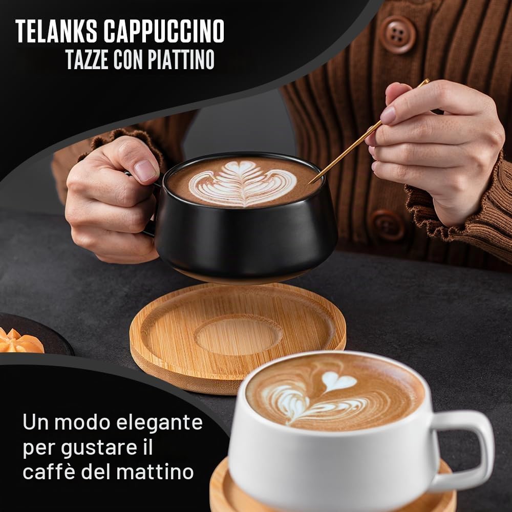 Set da 4 pezzi di tazze da cappuccino con piattini, tazze da caffè in ceramica da 320 ml, grandi tazze da cappuccino per gli amanti del caffè, cappuccino, latte, americano e tè, Bianco