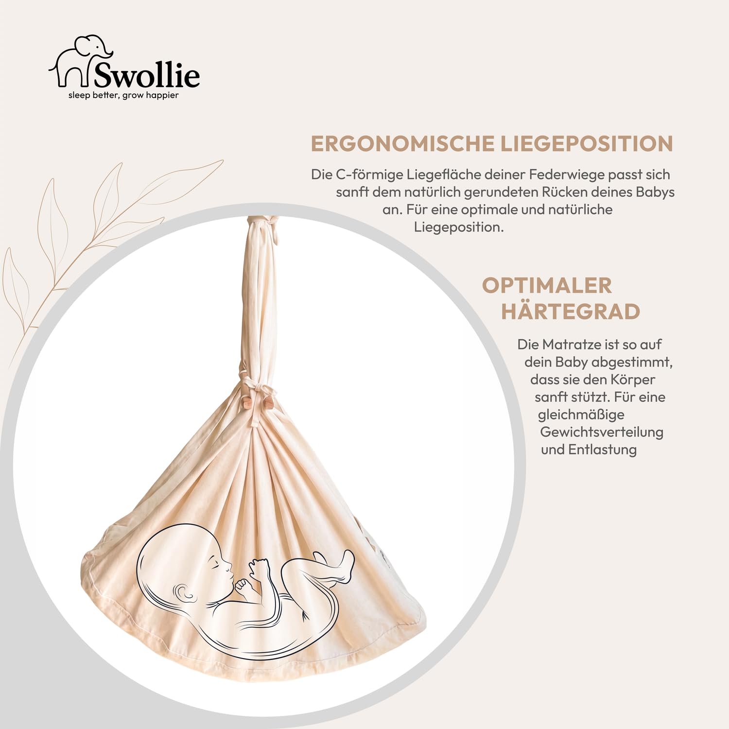 Premium Federwiege Grau - Bio-Baumwolle - für Babys ab Geburt bis 15 Kg - Schafwollmatratze -geborgener Babyschlaf - ergonomische Liegefläche