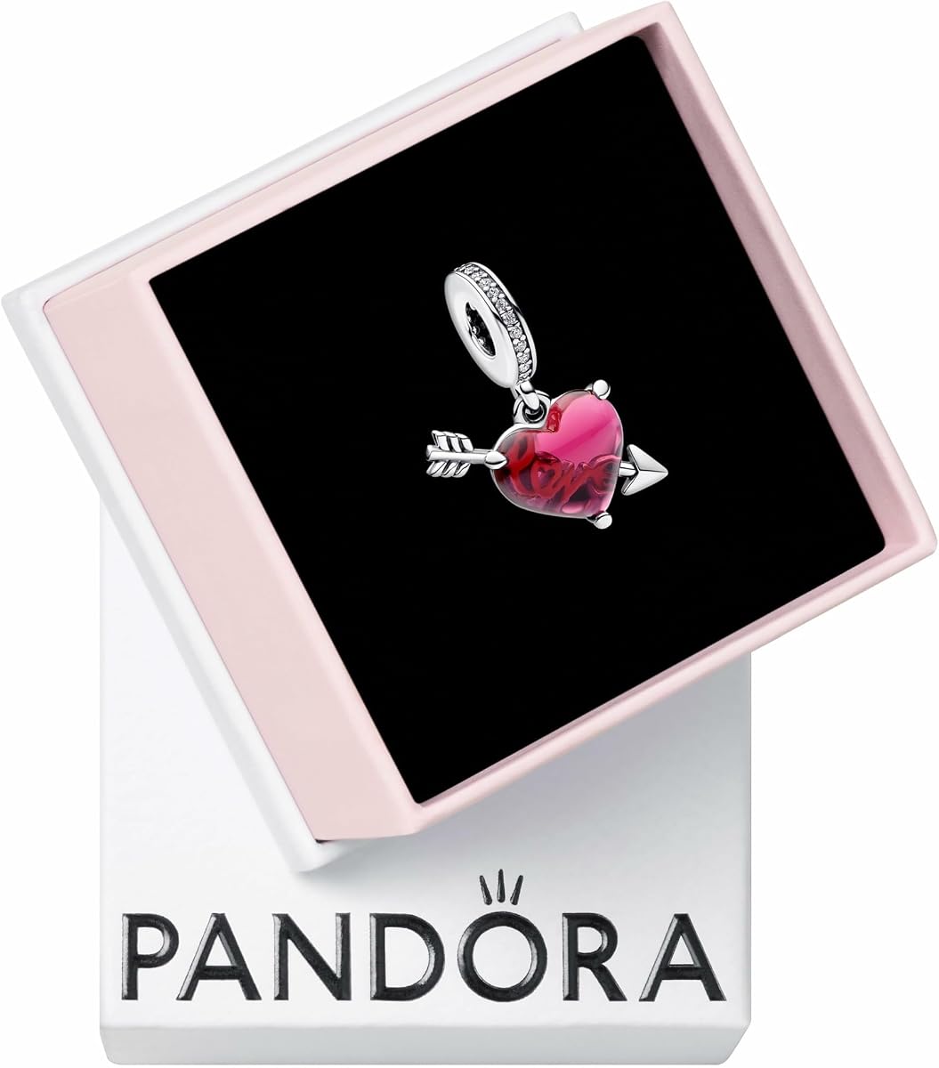 PANDORA Moments Red Heart & Arrow Murano Glass Dangle Charm - Sterling Silver Charm with Cubic Zirconia & Murano Glass - Jewelry for Women - Includes Gift Box