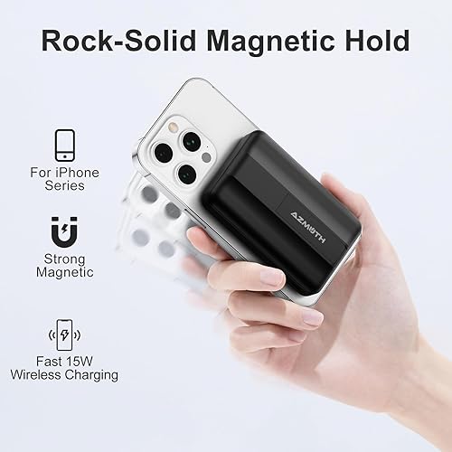 Miniatura 5 de Azmuth Cargador portátil inalámbrico con soporte, banco magnético delgado de 10000 mAh para Magsafe, batería de carga rápida de 22.5 W, compatible