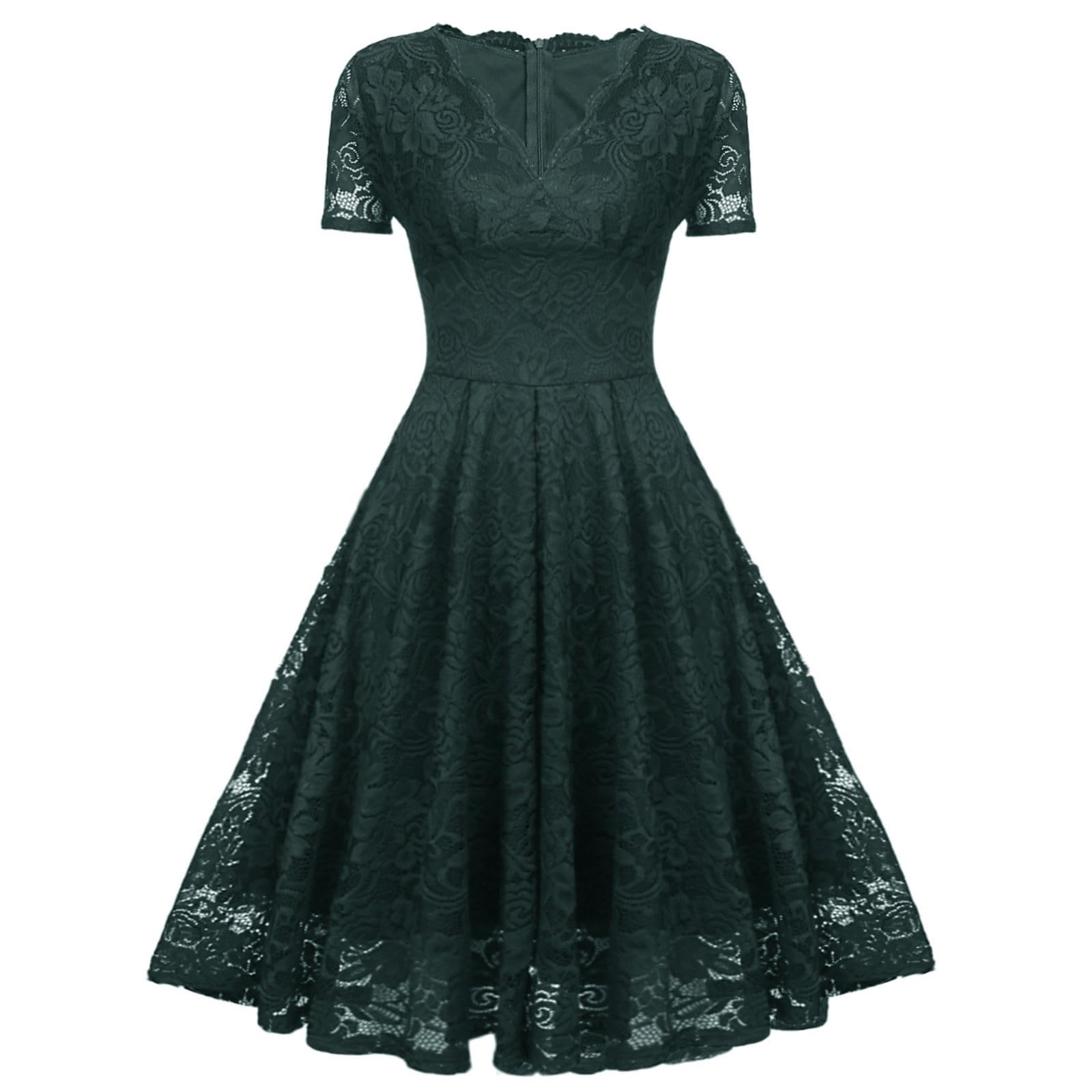 Abendkleider Elegant Für Hochzeit Damen Knielang Vokuhila Kleid Frauen Mit Ärmeln V Ausschnitt Cocktailkleid A Linie Spitze Ballkleid Festlich Abendkleid Bordeaux Partykleid Sommerkleid