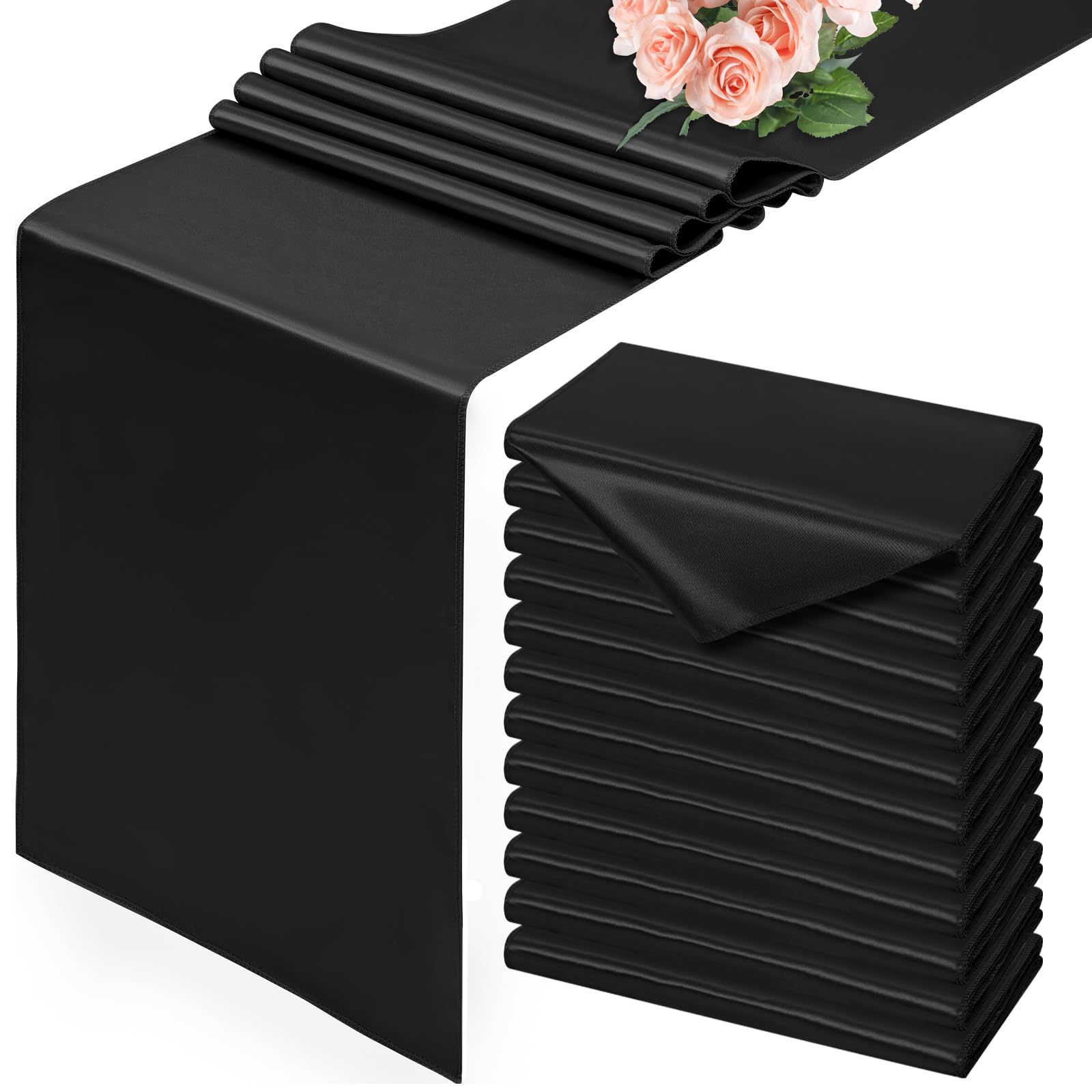 12 Pack Black Table Runner, 30 x 183 CM Satin Table Runner, Smooth Silk Table Runners for Dining Table, Wedding, Party, Banquet, Events, Graduations, Engagements