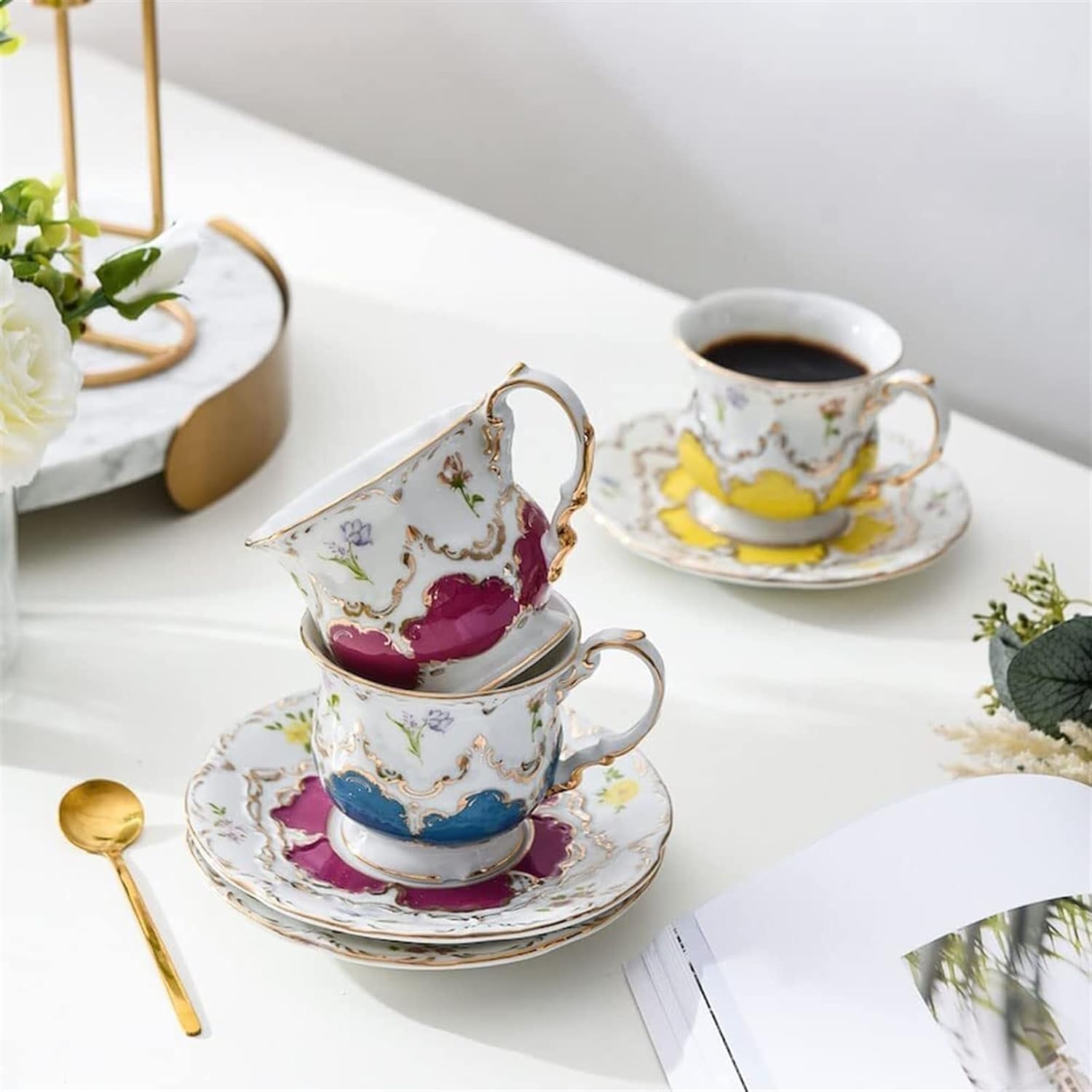 Zestaw Filiżanek Do Herbaty I Spodków, Filiżanka Do Kawy Ze Spodkiem, Filiżanka Do Herbaty 8,5 Uncji Ze Spodkiem I Łyżeczką, Porcelanowa Filiżanka Do Kawy Vintage Flower