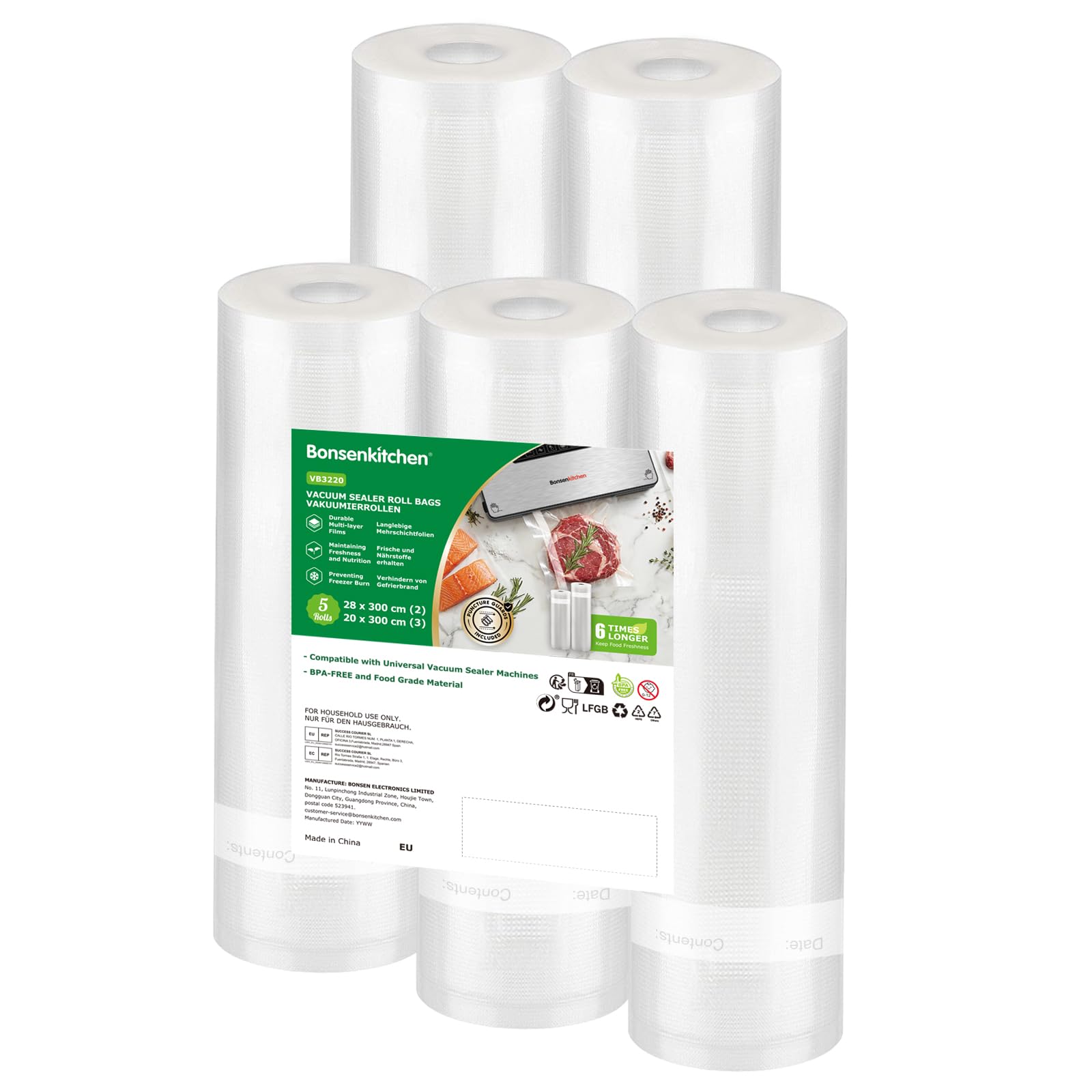 Bonsenkitchen Vakuumbeutel Lebensmittel 2×28×300cm & 3×20×300cm | Reißfeste Einschweißfolie, Für alle Vakuumierer, Sous Vide und Mikrowellen geeignet, BPA-frei，VB3220