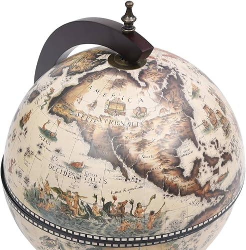 Miniatura 6 de vidaXL Barra de globo de mesa blanco y marrón, soporte para vino, madera de eucalipto maciza, mapas náuticos del siglo XVI y diseño de frescos